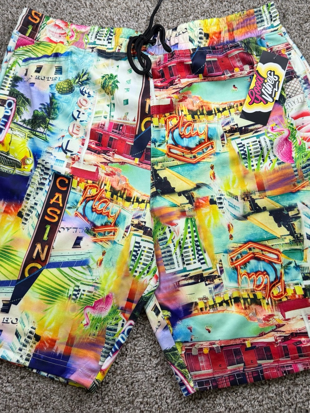 Good Vibes Miami Beach Graphic Shorts XL Neon Tropical Print NWT